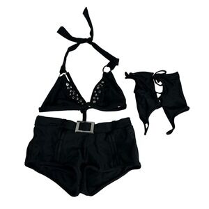 Latin Angel VTG Black Studded Halter Top Belted Shorts Arm Band Dance Set Medium